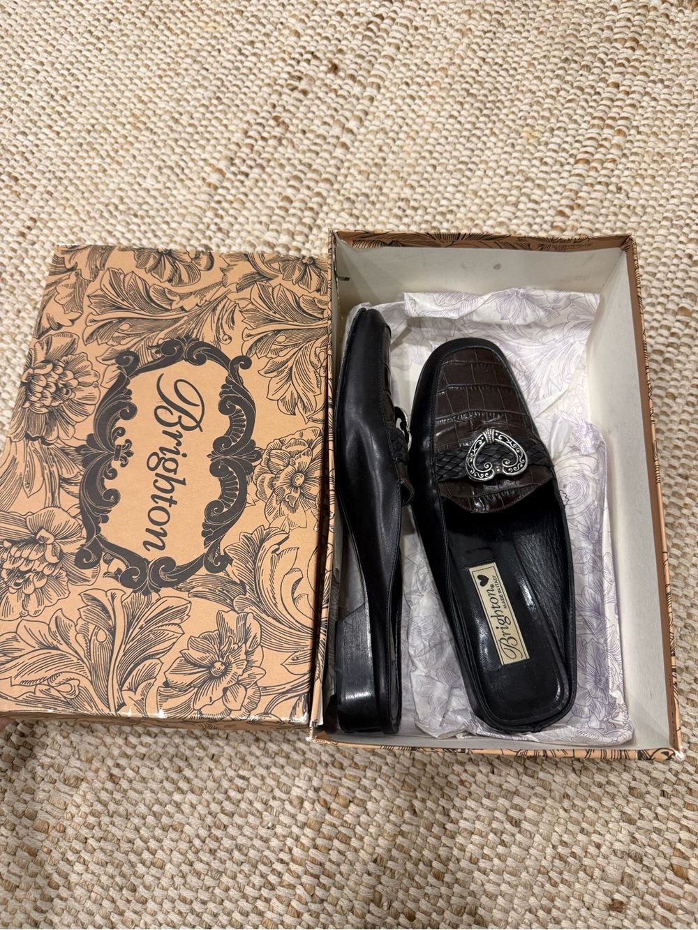 Brighton Black Croc-Accent Leather Slip-On Loafers